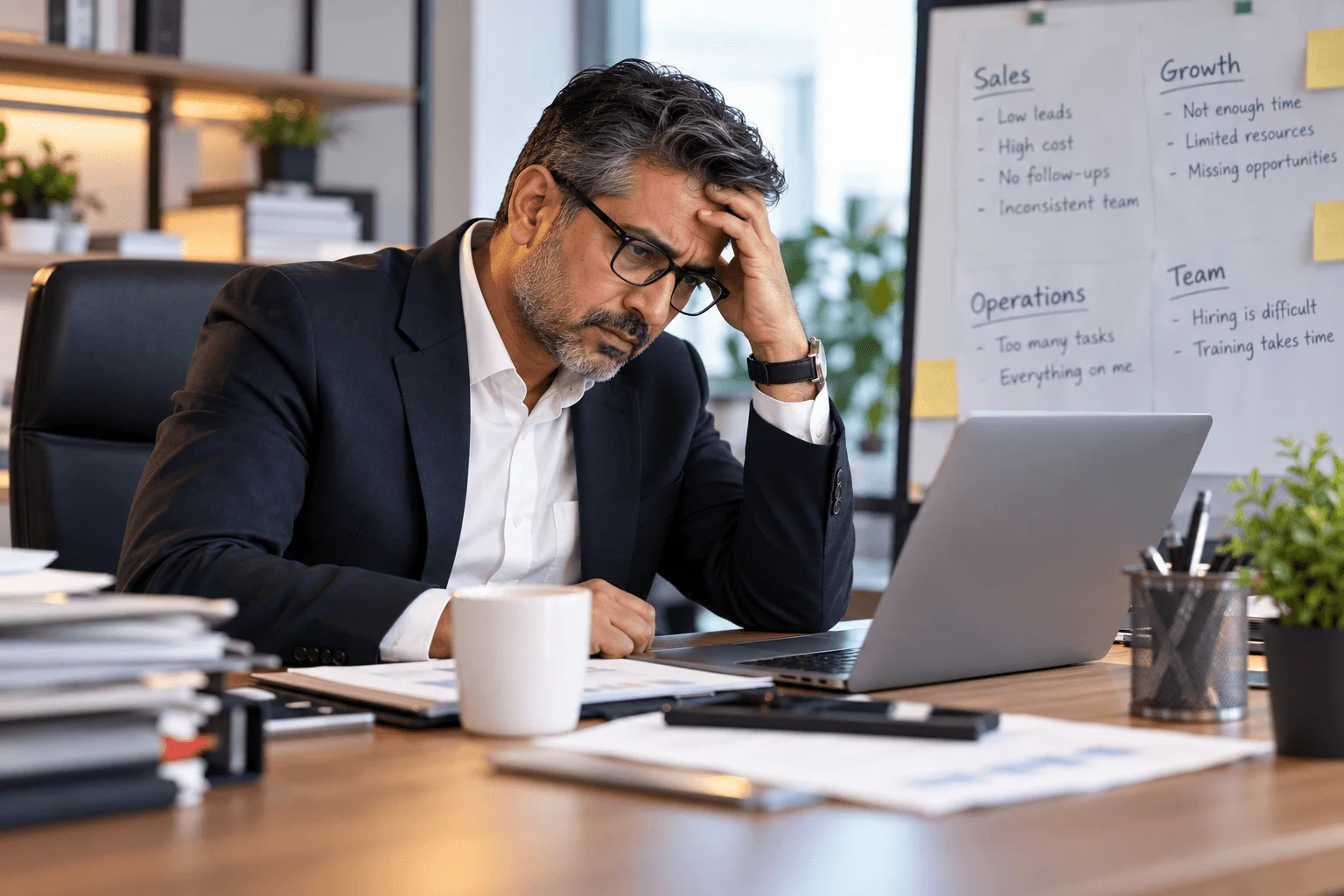 Stressed Indian business owner at desk with laptop