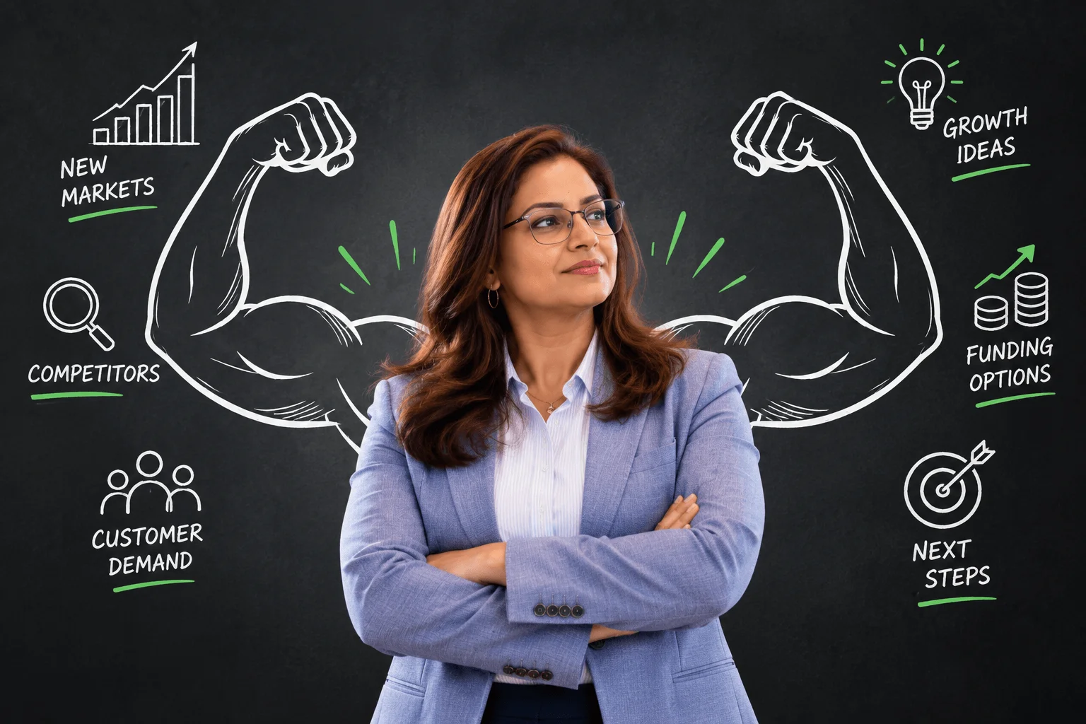 Confident Indian businesswoman with chalk-drawn strong arms behind her